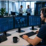 AI-powered IT support specialist monitoring business network systems and cybersecurity dashboards in a modern office environment in Ocala FL