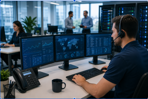 AI-powered IT support specialist monitoring business network systems and cybersecurity dashboards in a modern office environment in Ocala FL