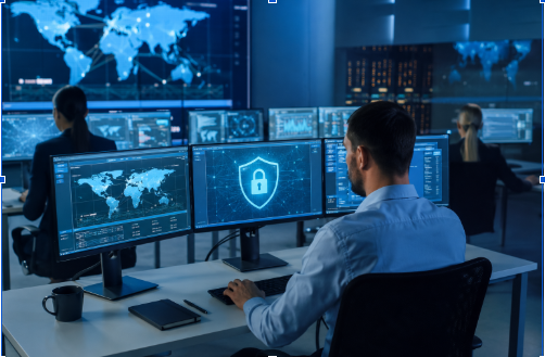 IT professionals monitoring cybersecurity systems and network security dashboards in a modern business security operations center